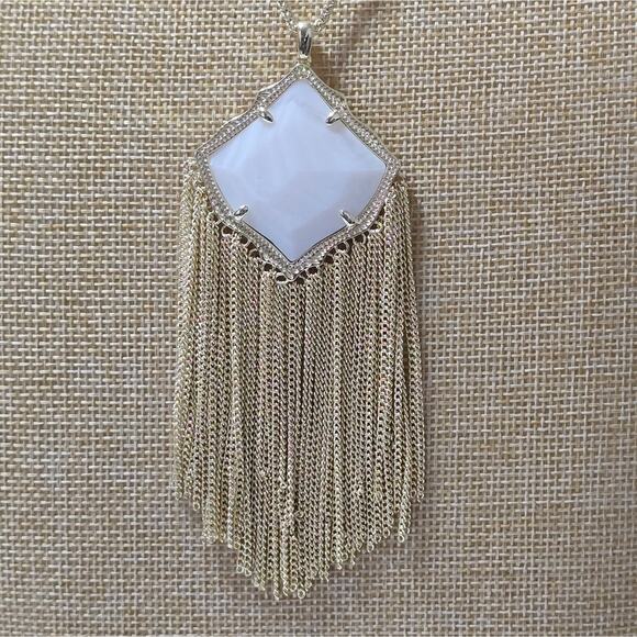 Kendra Scott White Banded Agate Kingston Tassel Fringe Boho Gold Plated Necklace - Picture 4 of 9